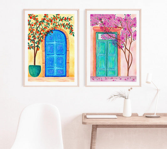 Mediterranean door print set. Blue door with orange plant and green door with pink bougainvillea tree. Inspired by Cyprus and Greece doors.- Sofia Papa Designs