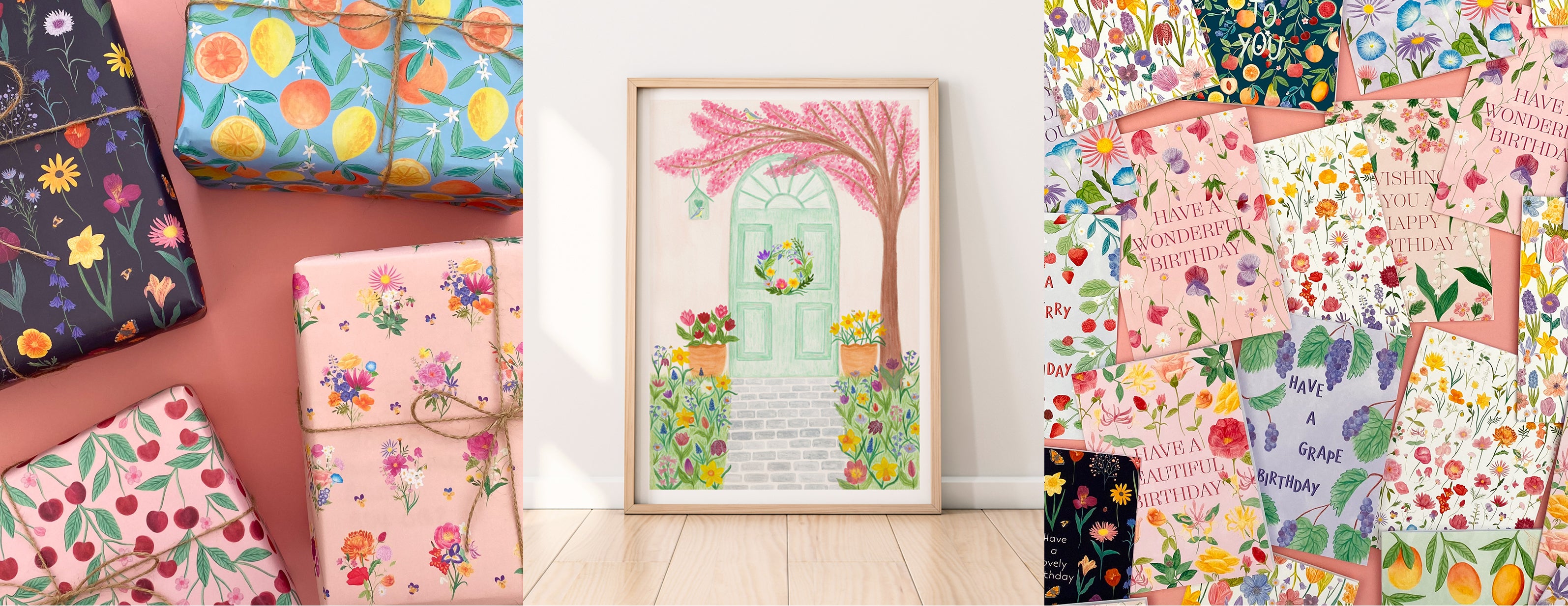 Sofia Papa Designs. Wrapping paper with flowers, citrus fruit and cherries. Spring door art print with spring flowers and blossom. Birthday greeting cards with floral and fruit designs. Plantable cards with floral designs for any occasions.