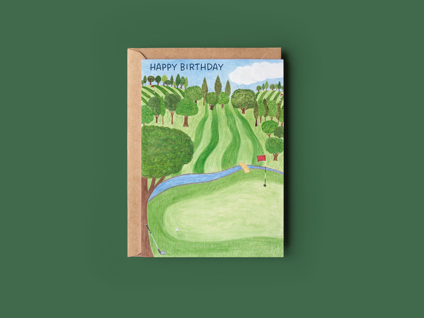 Golf course-themed birthday card on a green background