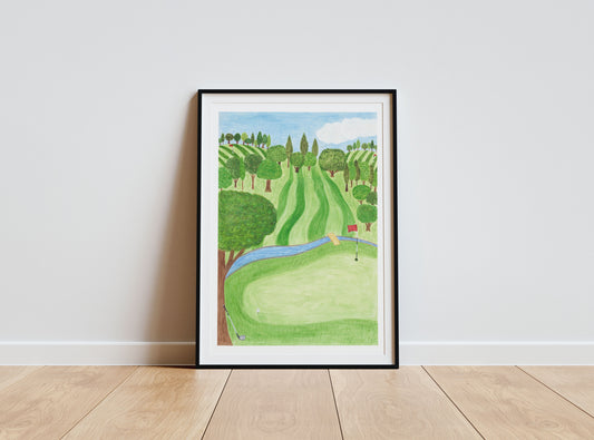 Golf art print. Golf course scene with stripy green fields and trees. Big green tree in the foreground. Blue river across the field. Hand painted with watercolours.