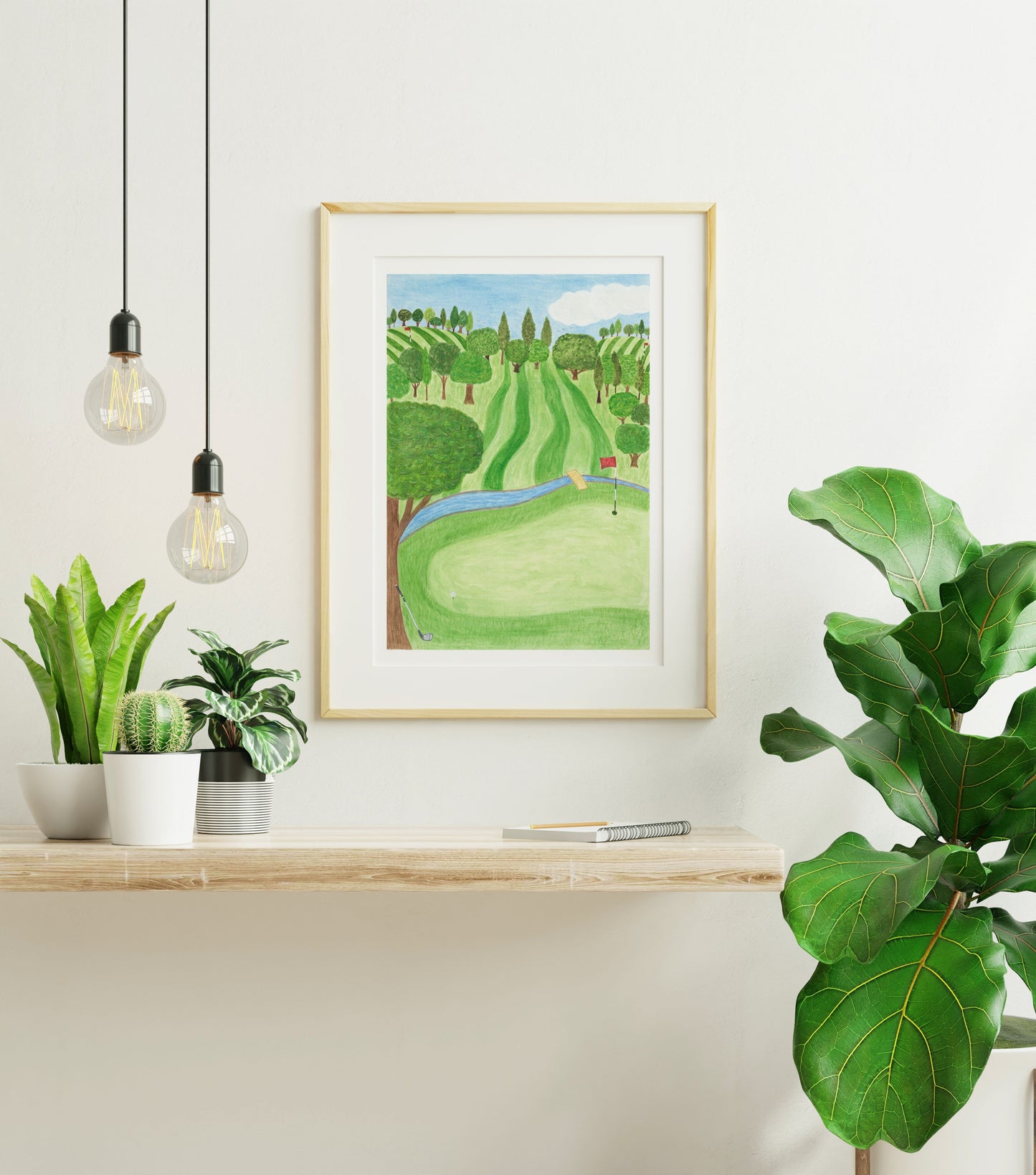 Golf art print. Golf course scene with stripy green fields and trees. Big green tree in the foreground. Blue river across the field. Hand painted with watercolours.