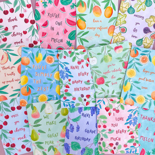 Pack of 14 fruity greeting cards - Sofia Papa Designs