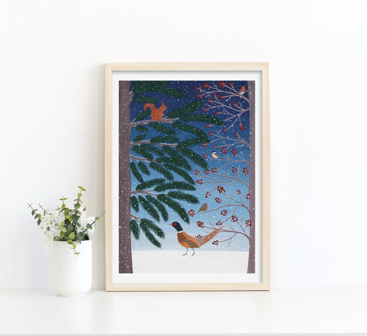 Winter forest birds art print - Sofia Papa Designs