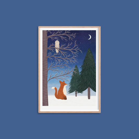 Winter fox and owl woodland art print - Sofia Papa Designs