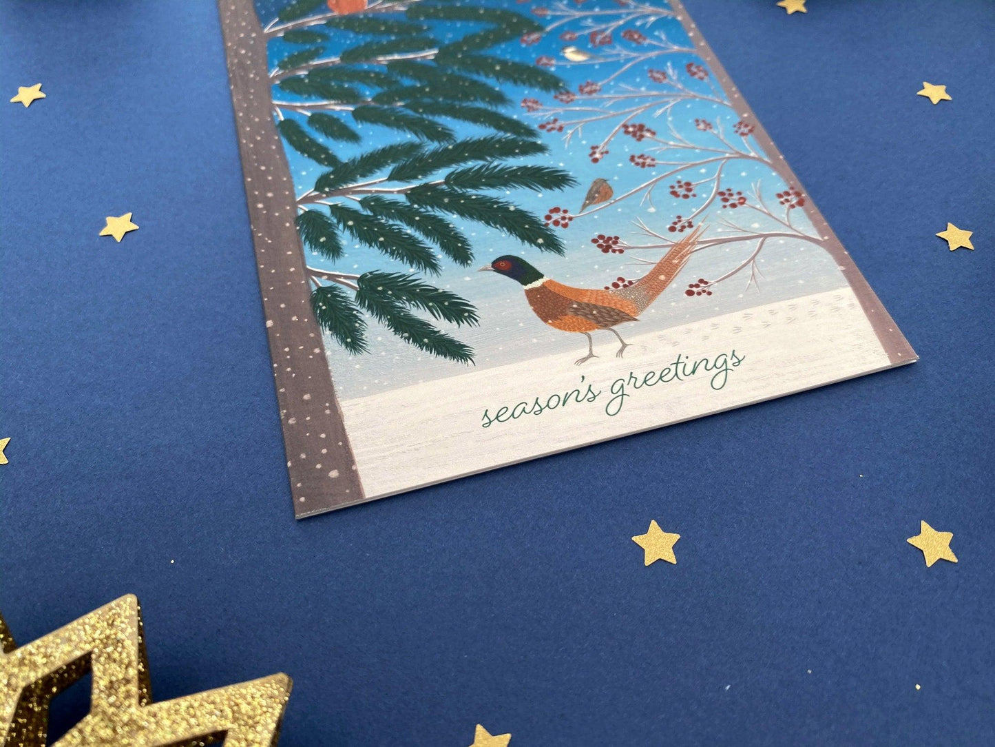 Season’s Greetings pheasant and birds card - Sofia Papa Designs