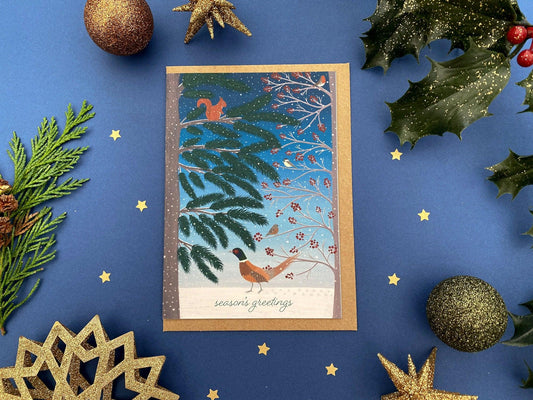 Season’s Greetings pheasant and birds card - Sofia Papa Designs