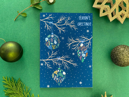 Season’s Greetings Christmas baubles card - Sofia Papa Designs