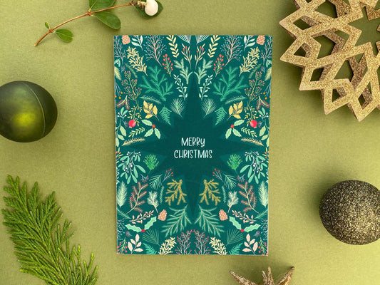 Merry Christmas green foliage start card - Sofia Papa Designs