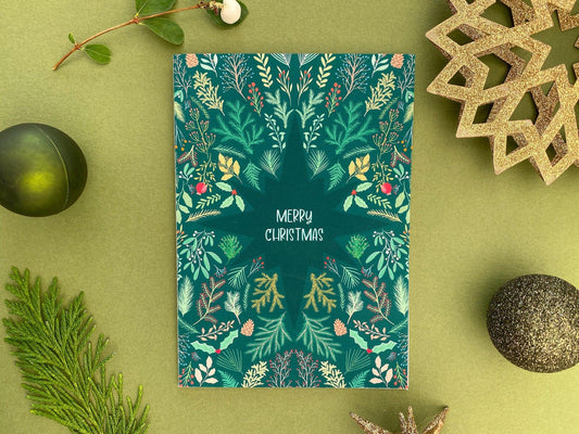 Merry Christmas green foliage start card - Sofia Papa Designs