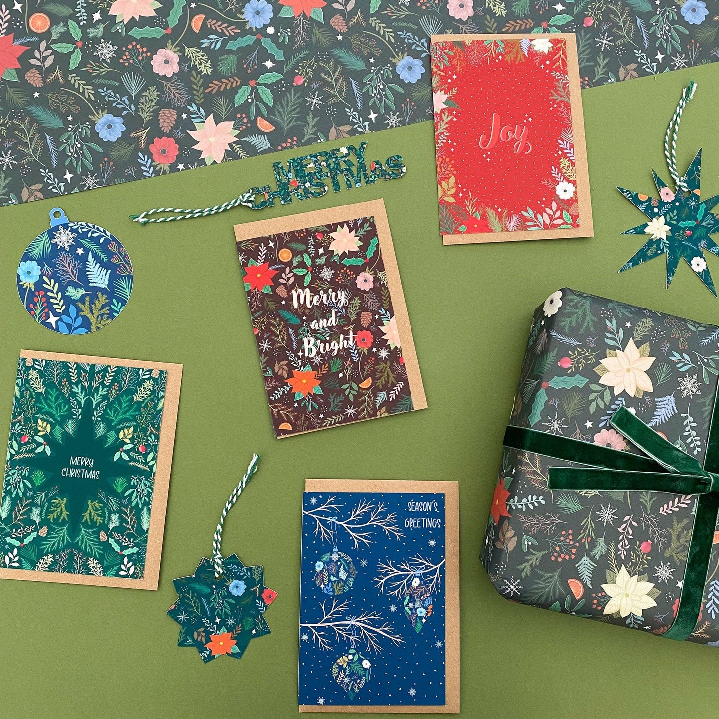 Season’s Greetings Christmas baubles card - Sofia Papa Designs