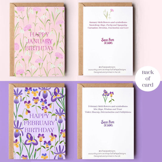 Pack of 12 birth flower greeting cards - Sofia Papa Designs