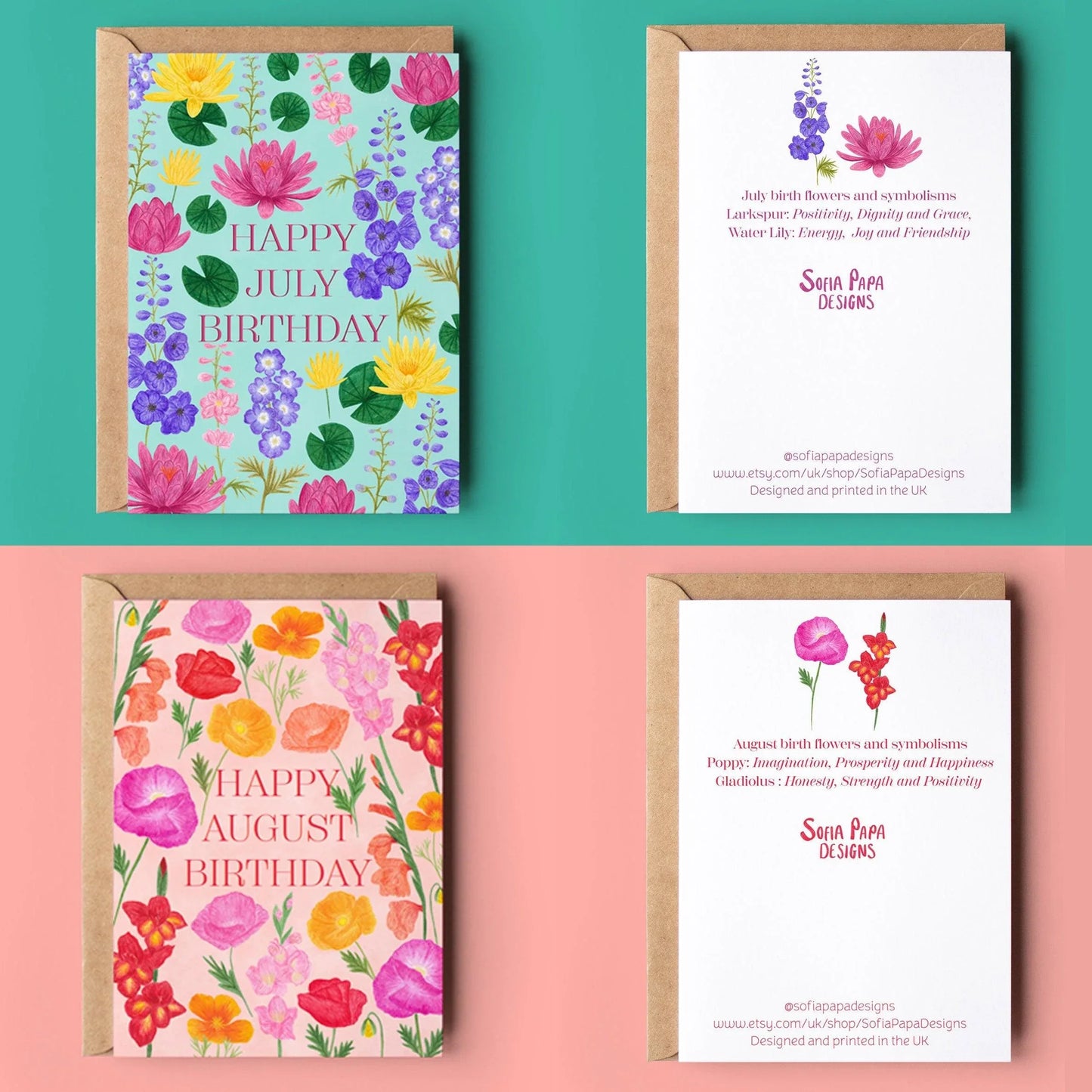 Pack of 12 birth flower greeting cards - Sofia Papa Designs