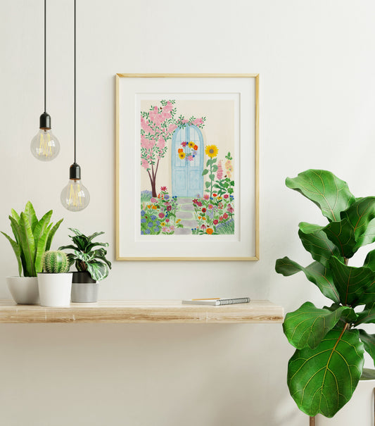 A summer door print, which was originally hand painted with watercolours. Inspired by summer flowers some include Sunflowers, Hollyhock, Dahlias, Poppies, Foxglove, Lupins, Echinacea, Lavender, Hydrangea, Daises, Cosmos, Zinnias, Cornflowers as well as peacock butterflies and bees.