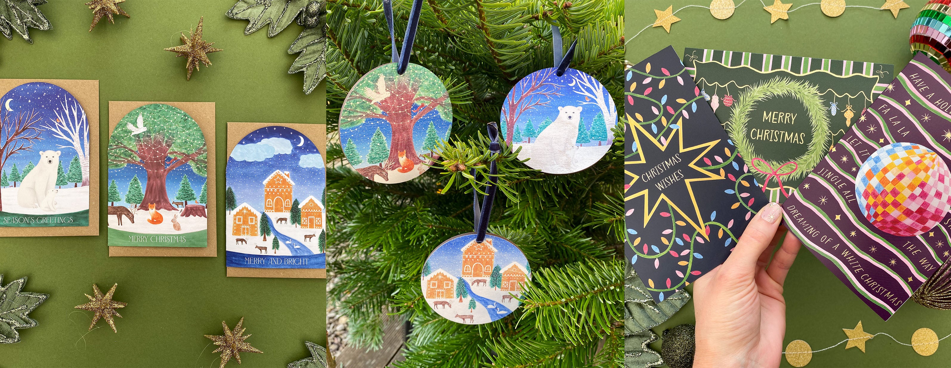 Christmas greeting cards, inspired by woodland animals and snowy landscapes. Christmas wooden decorations. Charity Christmas cards with decorative lights, wreath with baubles and a disco ball with festive song lyrics. 
