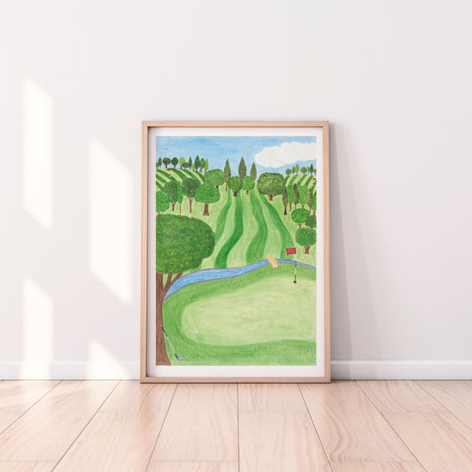 Golf art print. Golf course scene with stripy green fields and trees. Big green tree in the foreground. Blue river across the field. Hand painted with watercolours.