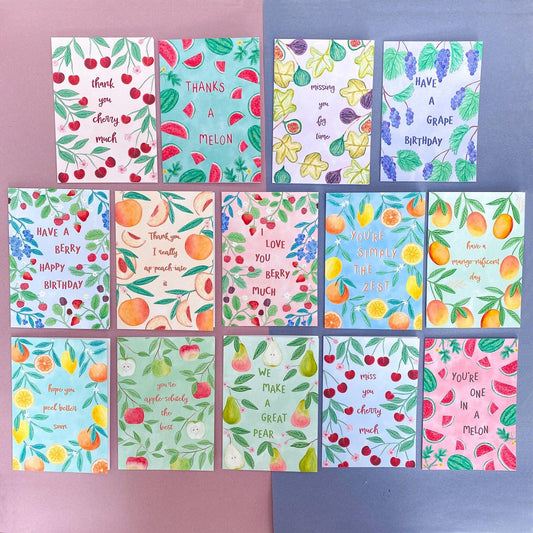 Pack of 14 fruity greeting cards - Sofia Papa Designs