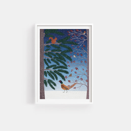 Winter forest birds art print - Sofia Papa Designs