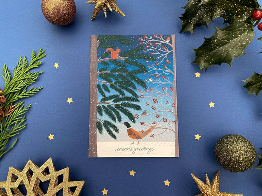 Season’s Greetings pheasant and birds card - Sofia Papa Designs