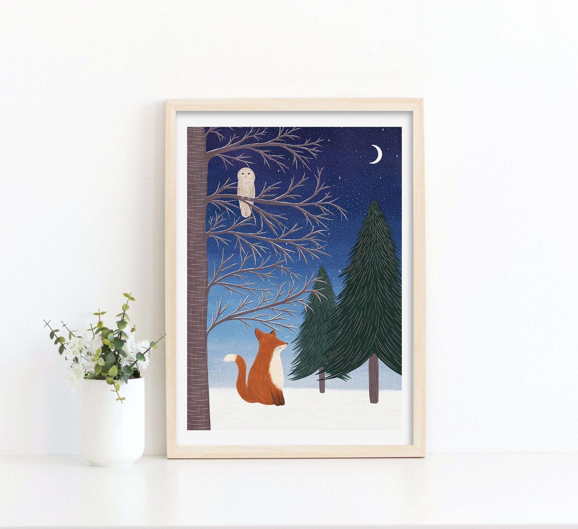 Winter fox and owl woodland art print - Sofia Papa Designs