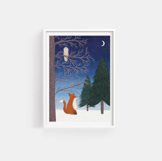 Winter fox and owl woodland art print - Sofia Papa Designs