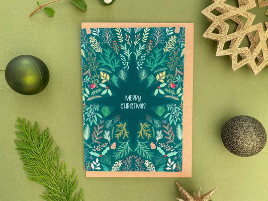 Merry Christmas green foliage start card - Sofia Papa Designs