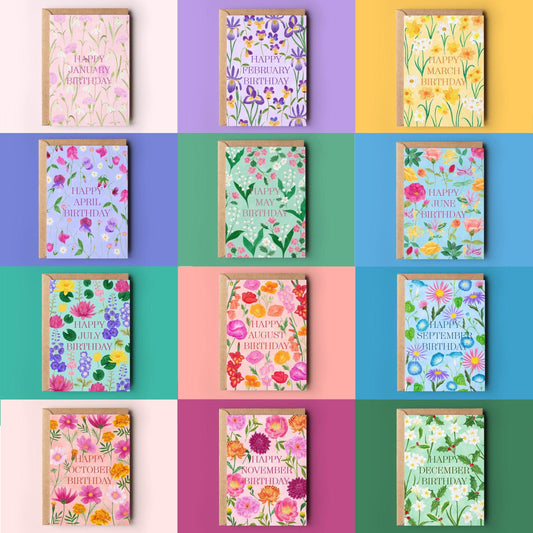 Pack of 12 birth flower greeting cards - Sofia Papa Designs
