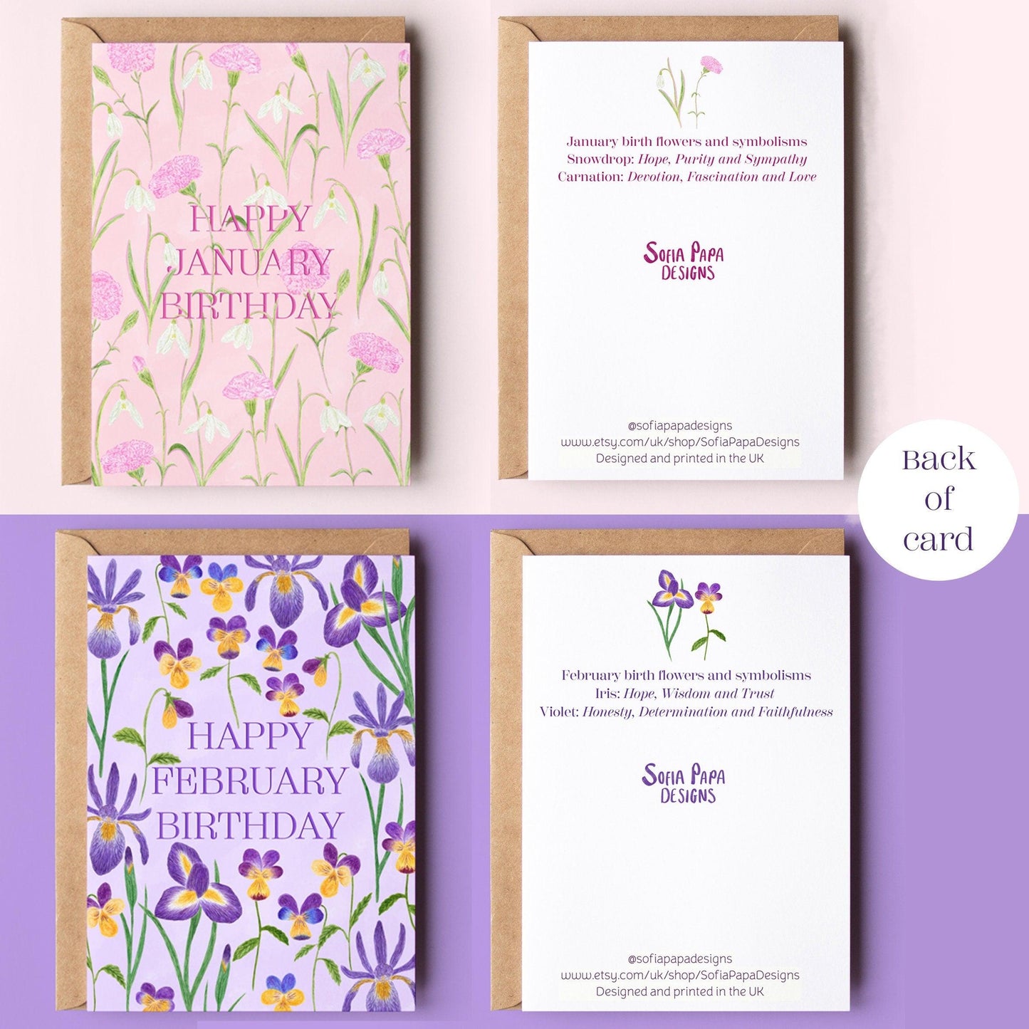 Pack of 12 birth flower greeting cards - Sofia Papa Designs
