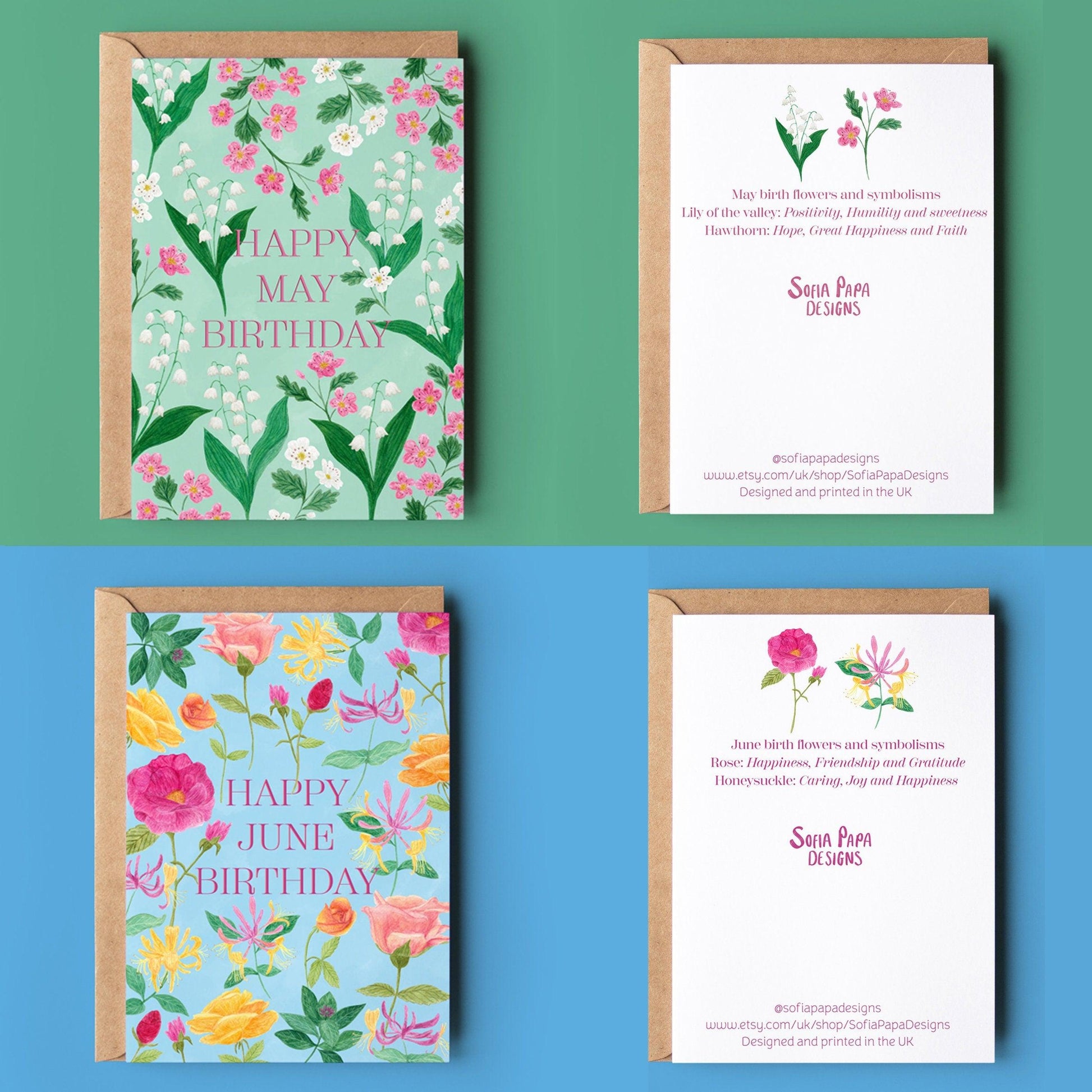 Pack of 12 birth flower greeting cards - Sofia Papa Designs
