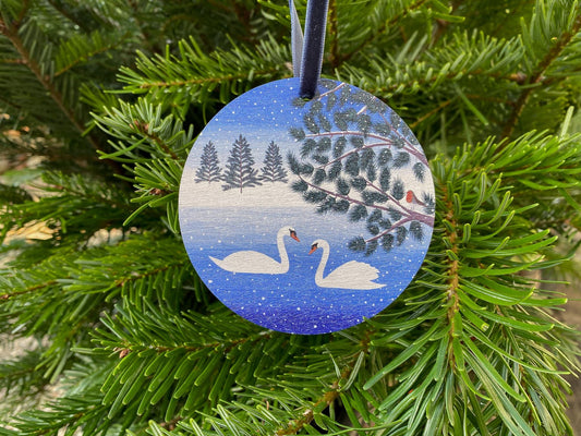 Swans and robin wooden decoration