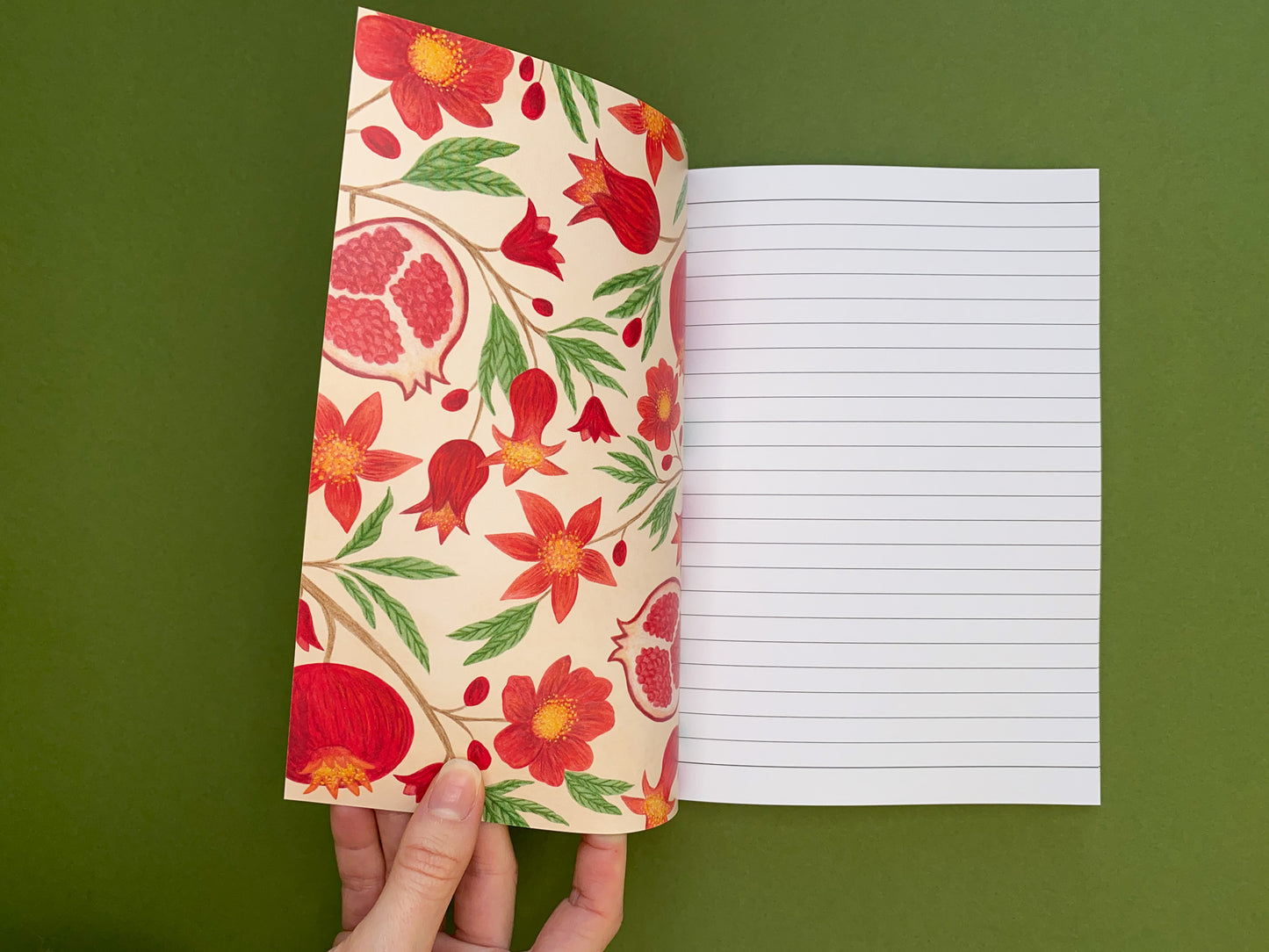 Inside front and back cover. Same pattern with pale yellow watercolour background. Vibrant red pomegranates and flowers pattern with green leaves. 