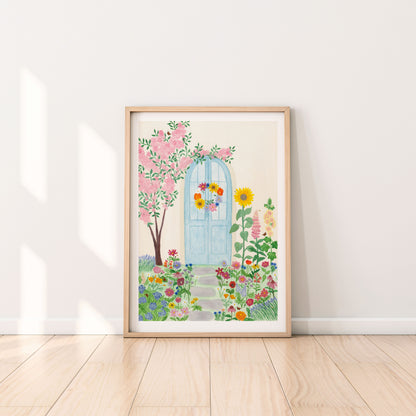 A summer door print, which was originally hand painted with watercolours. Inspired by summer flowers some include Sunflowers, Hollyhock, Dahlias, Poppies, Foxglove, Lupins, Echinacea, Lavender, Hydrangea, Daises, Cosmos, Zinnias, Cornflowers as well as peacock butterflies and bees.