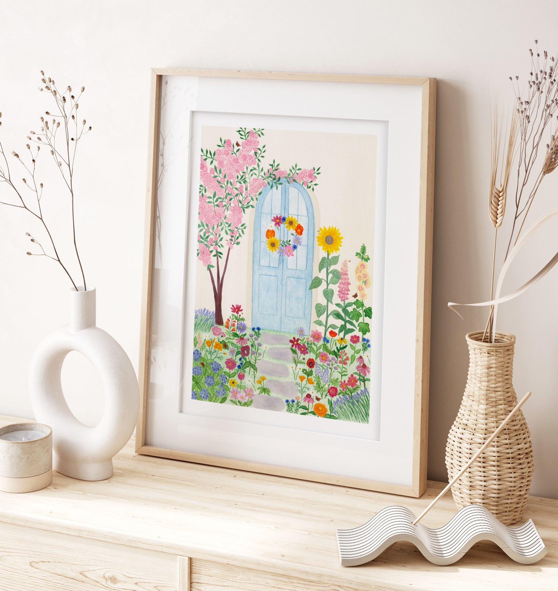 A summer door print, which was originally hand painted with watercolours. Inspired by summer flowers some include Sunflowers, Hollyhock, Dahlias, Poppies, Foxglove, Lupins, Echinacea, Lavender, Hydrangea, Daises, Cosmos, Zinnias, Cornflowers as well as peacock butterflies and bees.