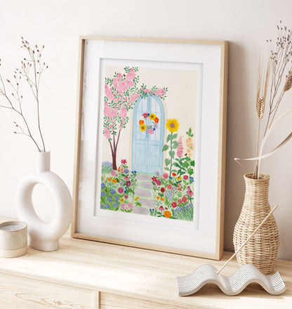 A summer door print, which was originally hand painted with watercolours. Inspired by summer flowers some include Sunflowers, Hollyhock, Dahlias, Poppies, Foxglove, Lupins, Echinacea, Lavender, Hydrangea, Daises, Cosmos, Zinnias, Cornflowers as well as peacock butterflies and bees.