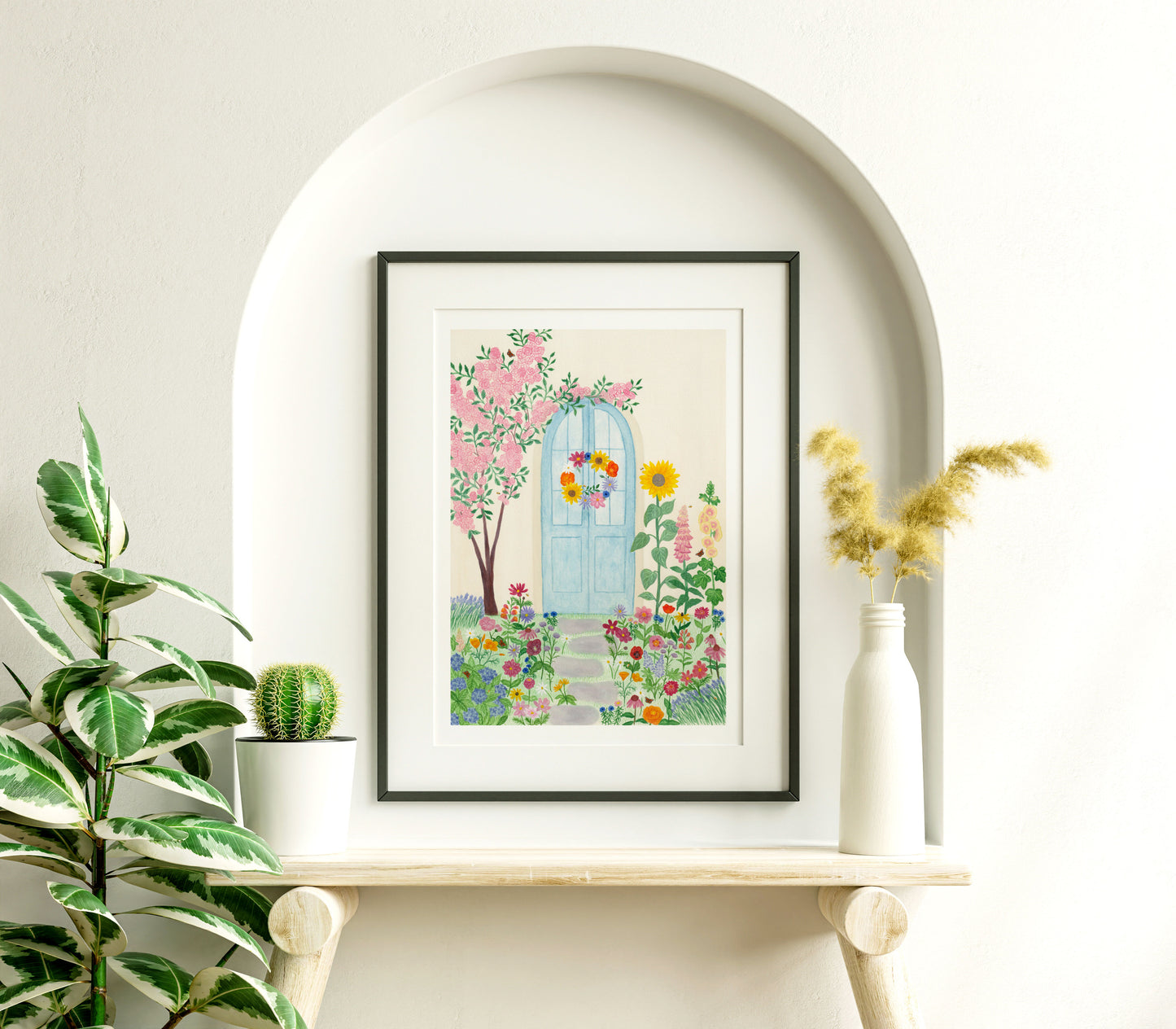 A summer door print, which was originally hand painted with watercolours. Inspired by summer flowers some include Sunflowers, Hollyhock, Dahlias, Poppies, Foxglove, Lupins, Echinacea, Lavender, Hydrangea, Daises, Cosmos, Zinnias, Cornflowers as well as peacock butterflies and bees.